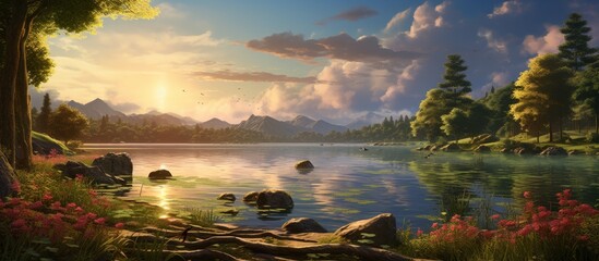 Poster - A serene painting depicting a beautiful lake in the background with rocks and trees in the foreground, creating a peaceful natural scene