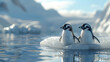  cute little penguins in ice snow background, Banner, postcard. Penguin awareness day. World Penguin Day, April 25. Inscription, signed picture. Character, Antarctic animal, Polar.