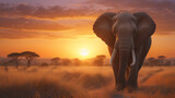 Fototapeta  - Majestic Elephant Strolling at Sunset in Savannah
