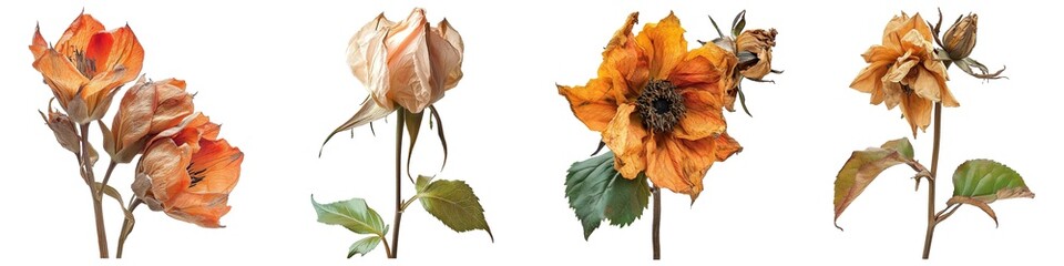 Wall Mural - Collection of dried rose flowers isolated on transparent background