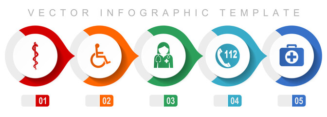 Aufkleber - Healthcare flat design infographic template, miscellaneous symbols such as cadyceus, first aid, doctor, emergency call and wheelchair, vector icons collection