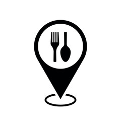 Wall Mural - restaurant location map pointer, fork and spoon icon with location pin, black symbol isolated on whi