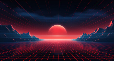 Sticker - Synthwave background. Dark Retro Futuristic backdrop with blue red perspective grid and sky full of stars. Horizon glow. Abstract Retrowave template. 80s Vaporwave style. Stock vector illustration
