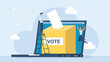 © Yurii - Voting box and voters making decisions. Tiny people putting voting paper into ballot box that come out from laptop monitor. Modern online voting and election concept. Flat illustration