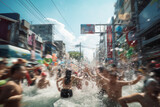 Fototapeta Panele - Thai people and tourist playing water and having fun at Songkran festival, Water festival, The tradition Thai new year