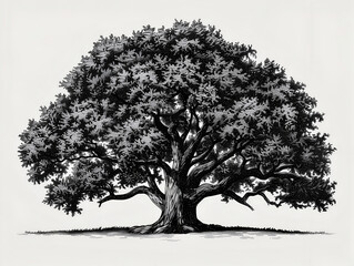 Wall Mural - black ink drawing set of an oak tree, white background