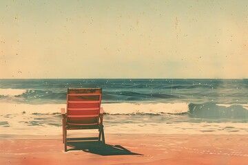 Single beach chair facing the ocean. Summer vacation and travel concept. Minimalist retro style. Vintage illustration for print, design, poster with copy space