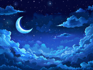 A dark blue night sky with clouds in the style of cartoon