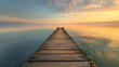Dawn Breaks on a Serene Lake Pier. The serene break of dawn over a placid lake, with a wooden pier leading the eye towards the horizon under a softly lit sky