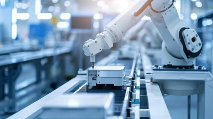 Leinwandbilder - Robotic Arm Operating Conveyor Belt in Factory