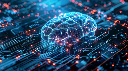 Poster - Blue Shiny Computer Circuit Backdrop With Brain
