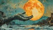 A hand is reaching out to the moon. The moon is surrounded by a dark sky and a body of water. The scene is mysterious and surreal, with the hand and the moon appearing to be connected in some way
