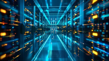 Poster - Modern Data Center Hallway With Blue LED Lights