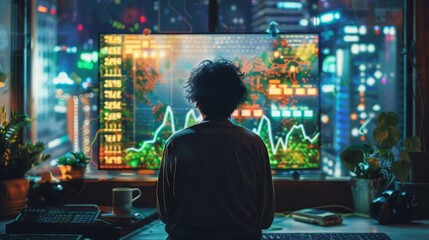 Wall Mural - a man is sitting in front of a computer monitor with a green plant in the background. the monitor di