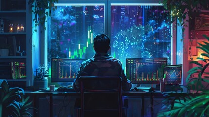 Wall Mural - a man is sitting at a desk with two computer monitors in front of him. he is focused on the screens,