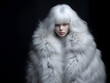 Fashion editorial Concept. Stunning beautiful woman in white light grey luxury fancy chic luxurious impeccable fur coat and hair. illuminated dynamic composition dramatic lighting. copy text space	
