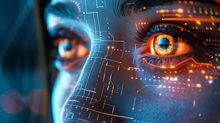Leinwandbilder - Close Up of Persons Face With Futuristic Interface in Background