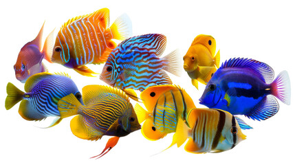 Wall Mural - A vibrant school of colorful fish in various hues swimming gracefully in a tank