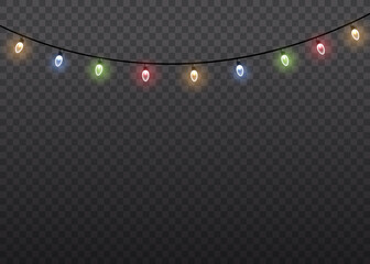 Wall Mural - Garlands decorations. Colorful glow light lamp on wire strings isolated transparent background. Christmas lights isolated realistic design elements. Christmas glowing garland.