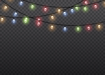 Wall Mural - garlands decorations. colorful glow light lamp on wire strings isolated transparent background. chri