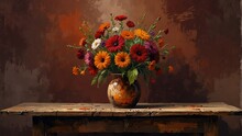 Deep Crimson To Rusty Brown Theme Still Life Flowers On Table Abstract Oil Pallet Knife Paint Painting On Canvas Large Brush Strokes Art Illustration Background From Generative AI