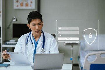 male doctor typing login and password in the concept of cyber security, information security, data protection, and encryption for secure access to user's personal information.