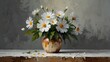 white theme still life flowers on table abstract oil pallet knife paint painting on canvas large brush strokes art illustration background from Generative AI