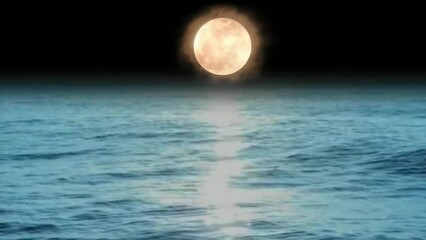 Wall Mural - 4k video animation of beautiful night scene near the riverside with the bright full moon, foggy star