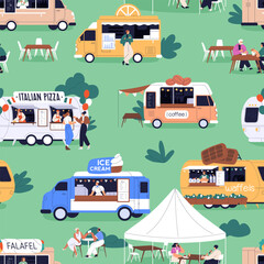 Fototapete - Seamless pattern, street food trucks, open-air festival. Tiny people eating outdoor in park on summer holiday, endless background, repeating print for wrapping design. Flat vector illustration