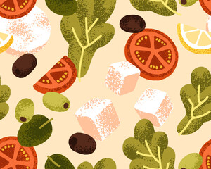 Fototapete - Seamless vegetable salad pattern. Fresh lettuce, olive, tomato and feta. Mediterranean cuisine, endless background, repeating print. Healthy ingredients, Italian kitchen. Flat vector illustration