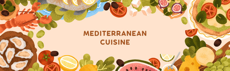 Mediterranean cuisine, food banner. Seafood, vegetable dishes, pizza, long framed culinary background design. Fresh, healthy eating, oyster, fish, cheese and fruits. Flat vector illustration