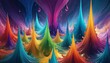 Surreal landscape of vibrant, colorful spikes rising and falling like waves, with a dreamy quality and dynamic movement. AI Generation