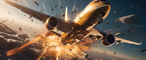 Wall Mural - Amidst a flurry of explosions and sparks, the airplane undergoes a catastrophic disintegration during its flight, sending debris scattering in every direction.