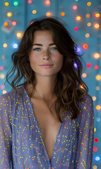Wall Mural - a woman in a purple dress is standing in front of a blue background with christmas lights