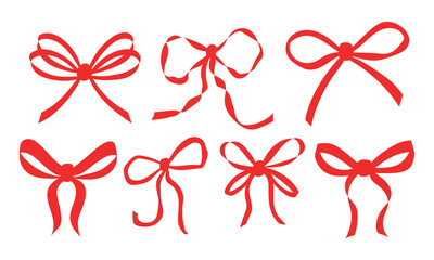 Set of various cartoon red bow knots, gift ribbons. Trendy hair braiding accessory. Hand drawn vector illustration.