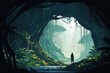 lost person in natural cave in tropical jungle illustration