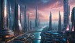 A sprawling, ultramodern cityscape at dusk, its towering skyscrapers bathed in the glow of a setting sun, reflecting innovation and future possibilities.. AI Generation