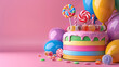 A whimsical candy land themed birthday cake with bright colors and edible candies and lollipops, next to multicolored balloons on a solid candy pink background.