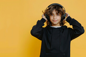 Wall Mural - Boy with headphones wearing a black hoodie on a yellow background.