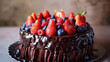 A stunning 3D realistic image of a fruit chocolate birthday cake, adorned with glossy dark chocolate ganache