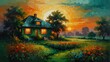 sunset green theme house landscape garden flowers summer abstract oil pallet knife paint painting on canvas large brush strokes art illustration background from Generative AI