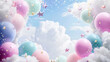 A soft and inviting happy birthday background, with a copyspace enveloped by pastel balloons, fluffy clouds, and sparkling stars, creating a dreamy celebration mood.