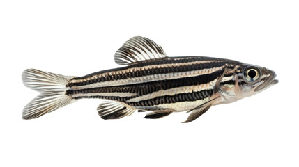 Wall Mural - A black and white striped fish swims gracefully against a pristine white background