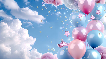 A soft and inviting happy birthday background, with a copyspace enveloped by pastel balloons, fluffy clouds, and sparkling stars, creating a dreamy celebration mood.