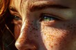 Cheerful freckled young woman. Close up of upper face. Cropped shot of teenage girl with dry spotted facial skin. Skincare, natural beauty, eye care, vision concept