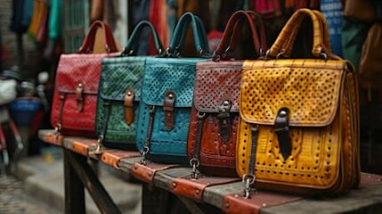 Poster - A row of colorful purses sitting on a wooden table, AI