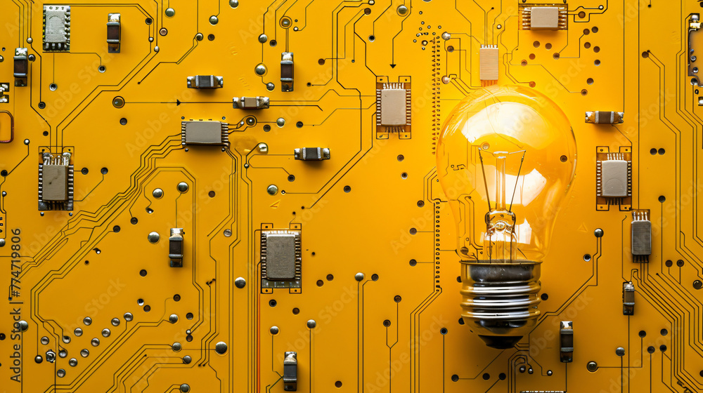 Unique Solutions Using Technology Innovation. Solution idea and technology concept. A printed circuit ...