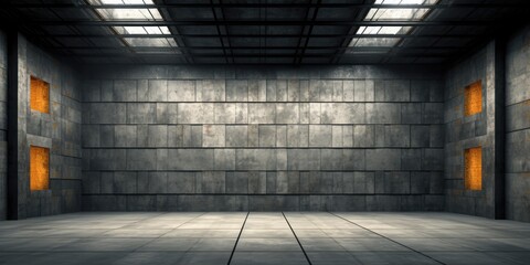 Wall Mural - Within the cavernous interior of the warehouse, emptiness stretches as far as the eye can see, devoid of any stored items.