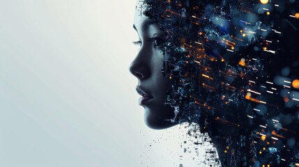 Aufkleber - Digital Transformation of a Womans Profile Against a Light Background