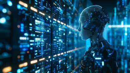 Leinwandbilder - Futuristic Robotic Woman Analyzing Data Wall